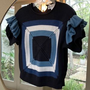 Anthropologie Poppy + Pima blue and white shirt sleeve sweater. NWT small